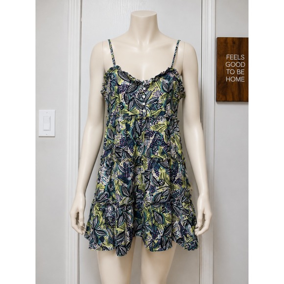 Lucca Dresses & Skirts - LUCCA Tropical Floral Tiered Mini Dress Boho Spaghetti Strap Women's Medium